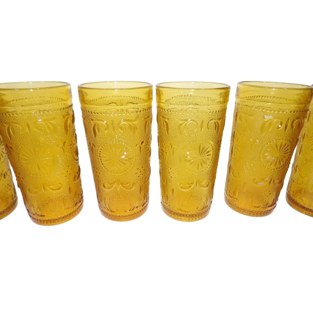 Brockway Concord Amber Glass Tumblers Set 6 Vintage Highball Glasses Retro MCM